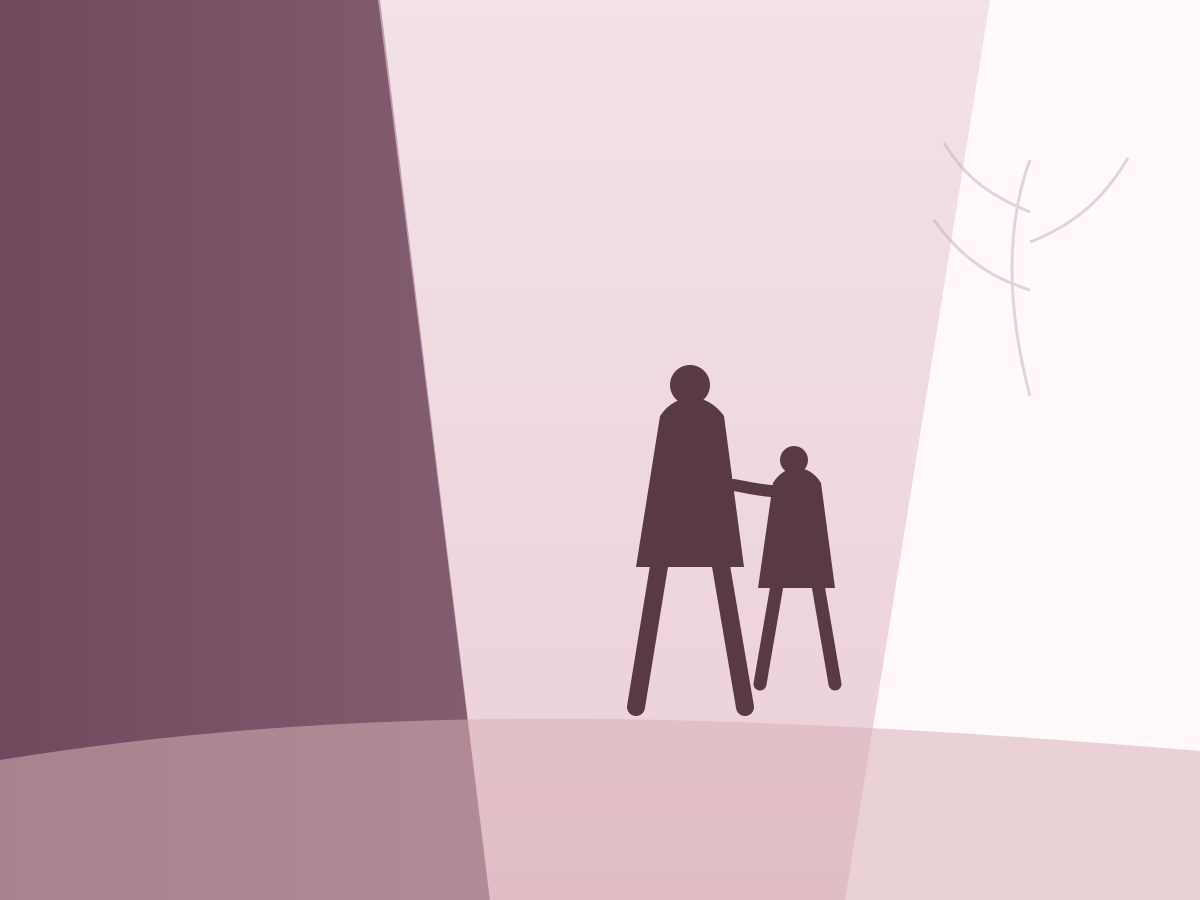 Abstract editorial illustration of a parent and child walking toward a warm horizon
